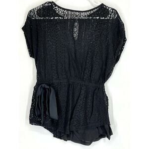 Cato Sheer Crochet Lace Tie Waist Black Blouse M